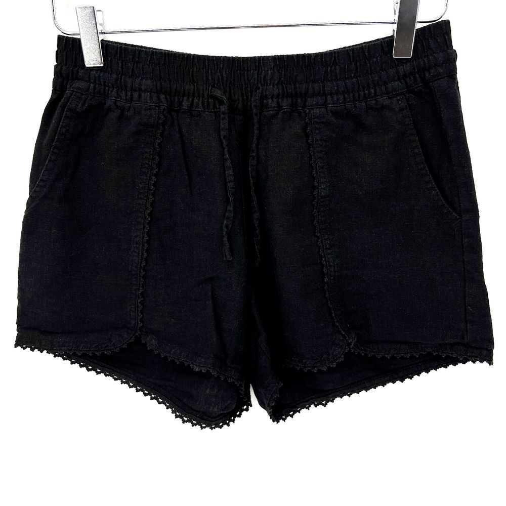Susina Linen Blend Shorts Womens Size XS Black Crochet Trim Casual Elastic Waist